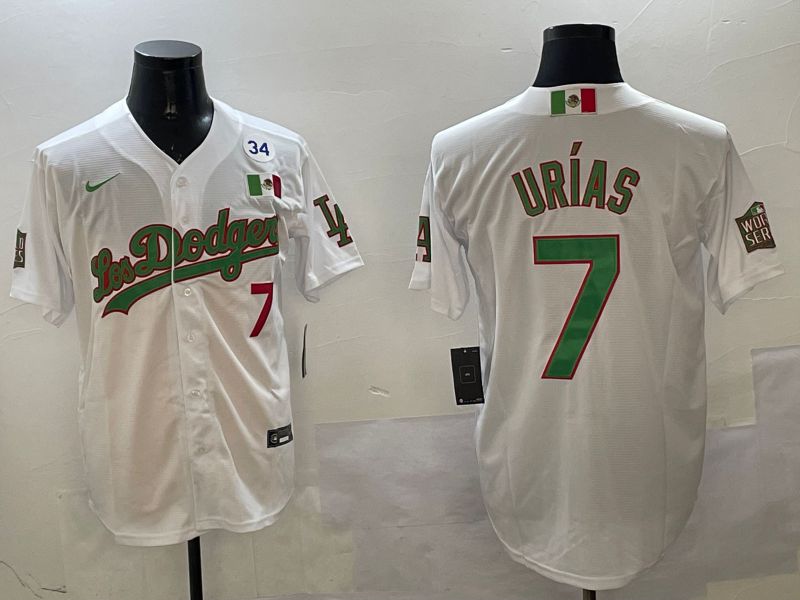 Men Los Angeles Dodgers #7 Urias White Green Game 2025 Nike MLB Jersey style 3204->los angeles dodgers->MLB Jersey